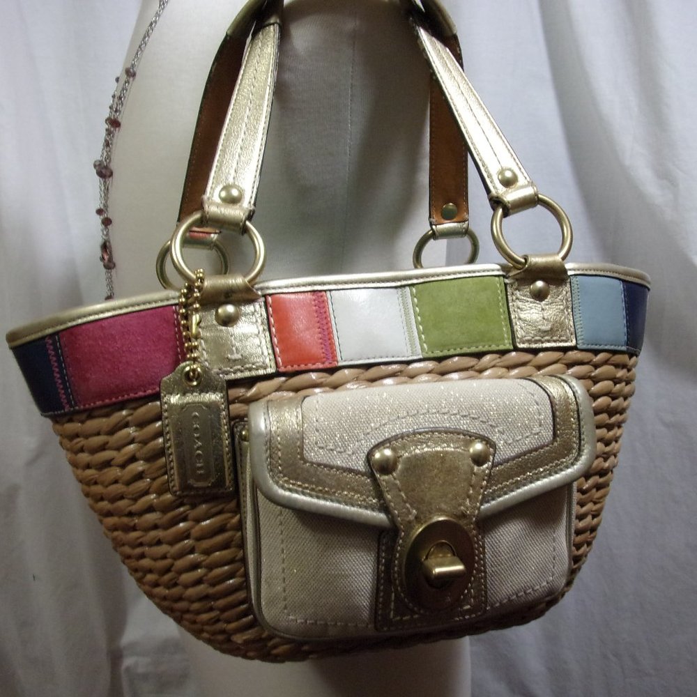 Rare Coach Straw Legacy Handbag With Color Bands Limited Edition